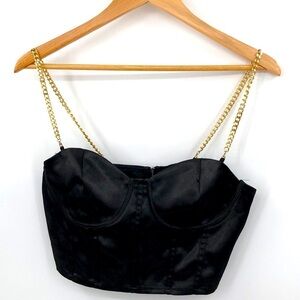 Shein Black Satiny Black Crop Top Bralette With Removable Chain Straps Size L